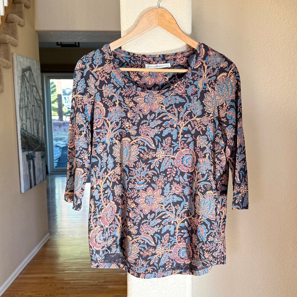 Peruvian Connection Knit Stretch Floral 100% Pima Cotton 3/4 Sleeve Top Sz XS
